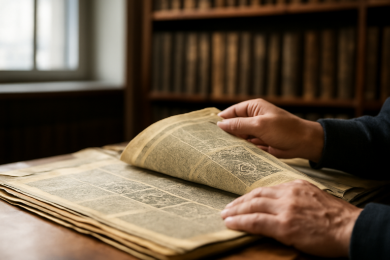 Seseorang membuka halaman koran lama di ruang arsip perpustakaan