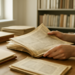 Tangan membuka halaman koran lama di ruang arsip dengan buku catatan di atas meja