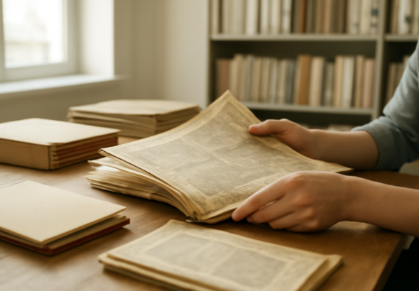 Tangan membuka halaman koran lama di ruang arsip dengan buku catatan di atas meja