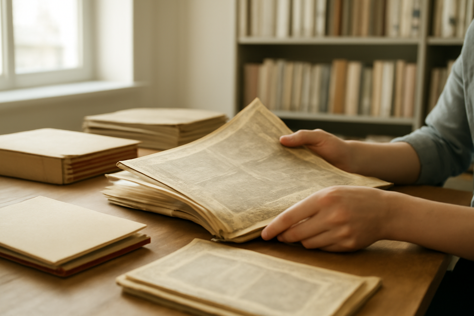 Tangan membuka halaman koran lama di ruang arsip dengan buku catatan di atas meja